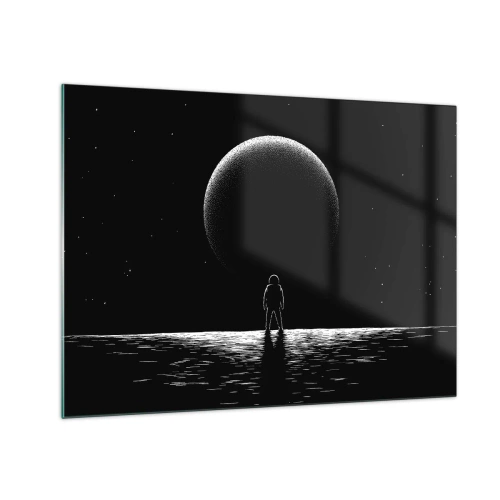 Billede på glas - Astronaut stående foran en planet i sort-hvid - 70x50cm - Ansigt til ansigt - Moderne vægdekoration til stue og soveværelse ARTTOR