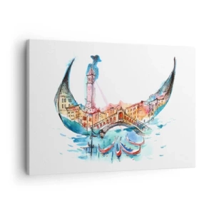 Lærredstryk - Billede på lærred - En akvarelkomposition af Venedig i form af en gondol - 70x50cm - Vi sejler gennem byen - Moderne vægdekoration til stue og soveværelse ARTTOR