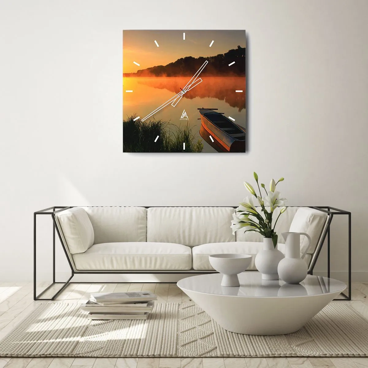 Vægur, Uret - Solopgang over vand som en spejlplade - 40x40 cm