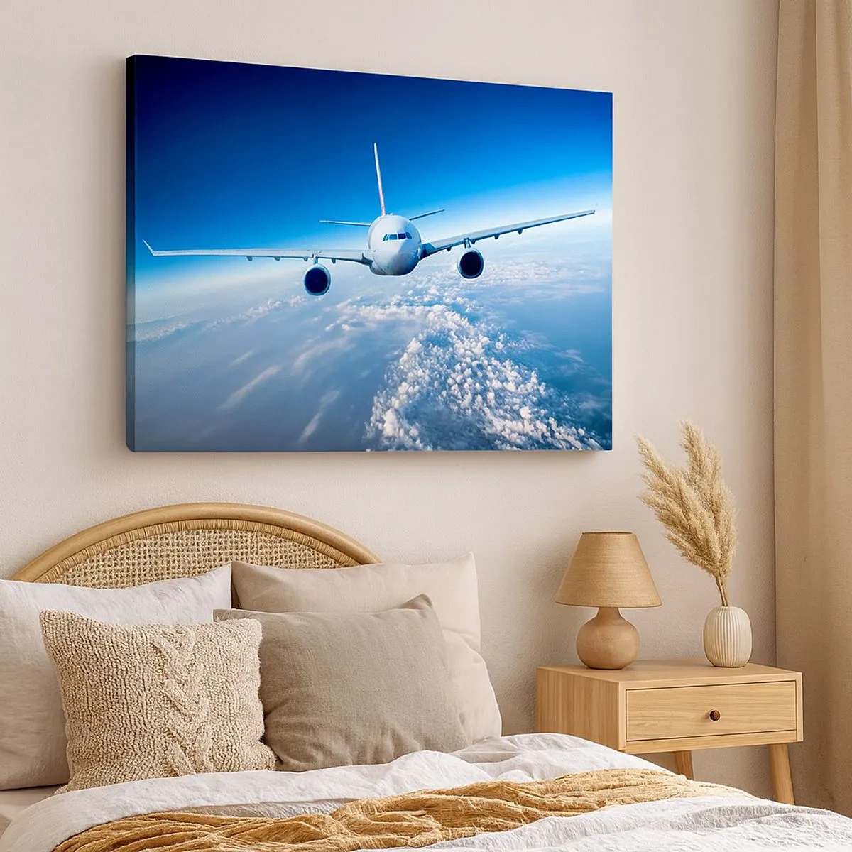 Lærredstryk - Billede på lærred - Et fly, der flyver over skyerne mod en blå himmel - 70x50cm - Jeg går, fordi jeg vil - Moderne vægdekoration til stue og soveværelse ARTTOR