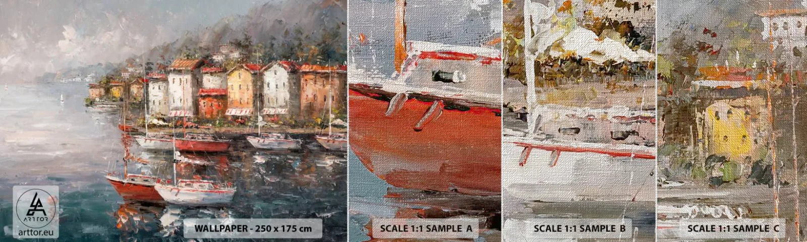 Prøve Fototapet Premium Canvas - Romantisk paradis - Arkitektur, Havneby, Sejlbåd - 100x30 cm