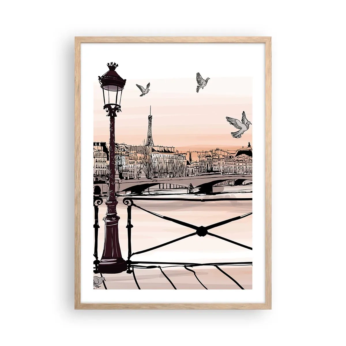 Plakat i ramme af lyst egetræ - Over Paris' hustage - 50x70 cm