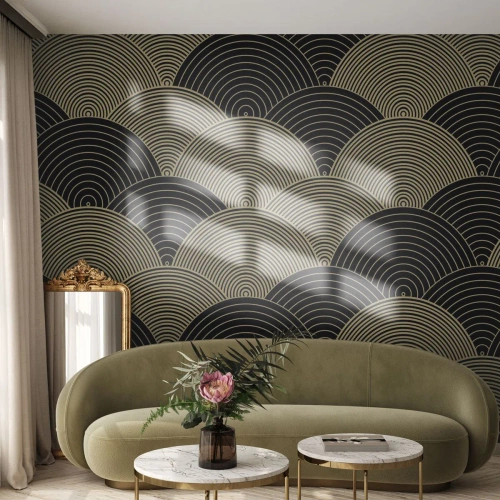 Fototapet Standard Eco - Gyldne halvcirkler, der danner et japansk mønster på sort - 100x70cm - Enhed i mangfoldighed - Moderne vægdekoration til stue og soveværelse ARTTOR