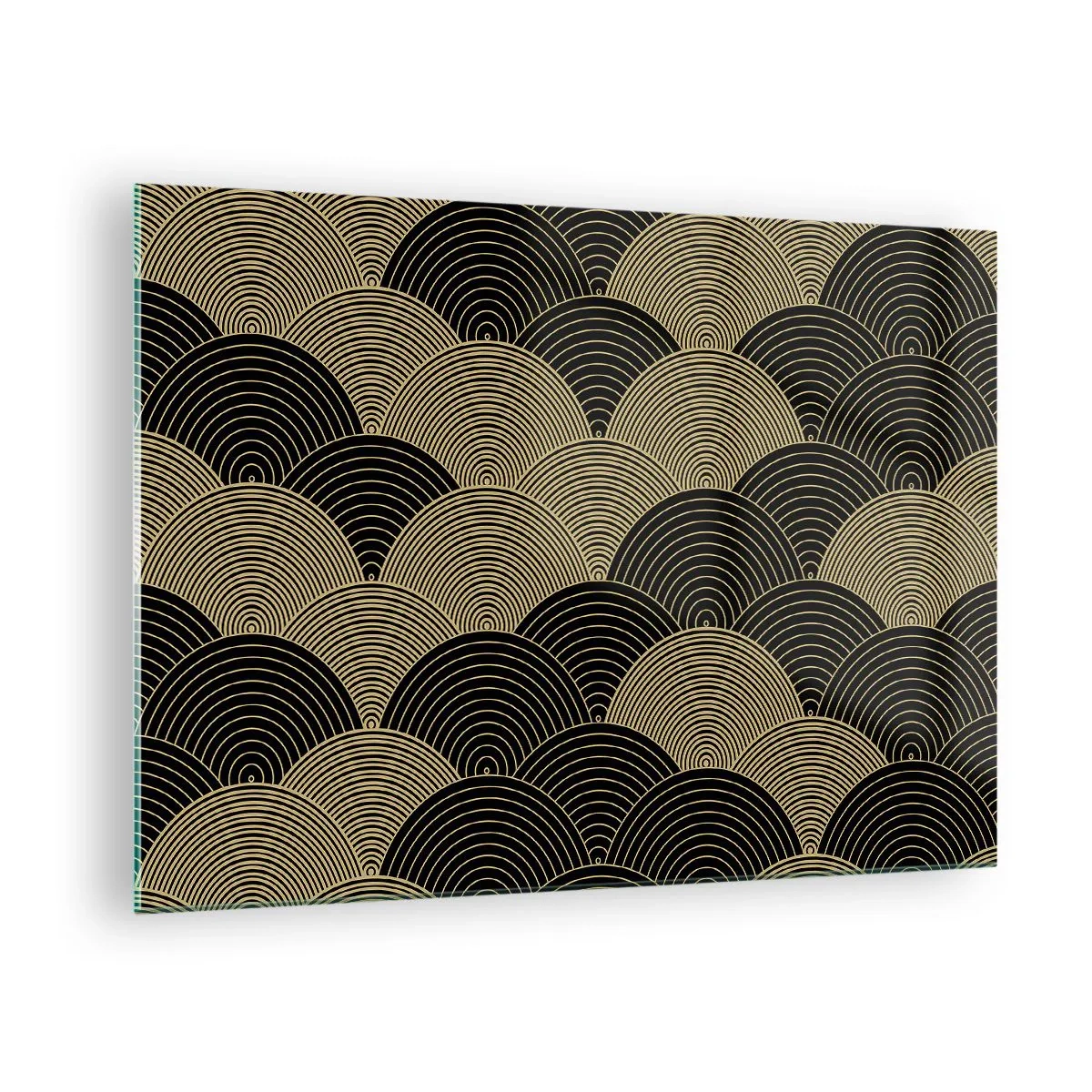 Billede på glas - Gyldne halvcirkler i et almindeligt japansk mønster - 70x50cm - Enhed i mangfoldighed - Moderne vægdekoration til stue og soveværelse ARTTOR