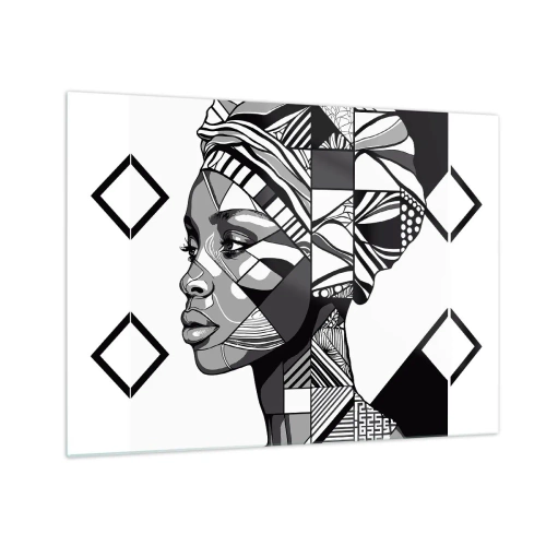 Billede på glas - Sort-hvidt etnisk portræt af en kvinde med geometriske mønstre - 70x50cm - Etnisk portræt - Moderne vægdekoration til stue og soveværelse ARTTOR