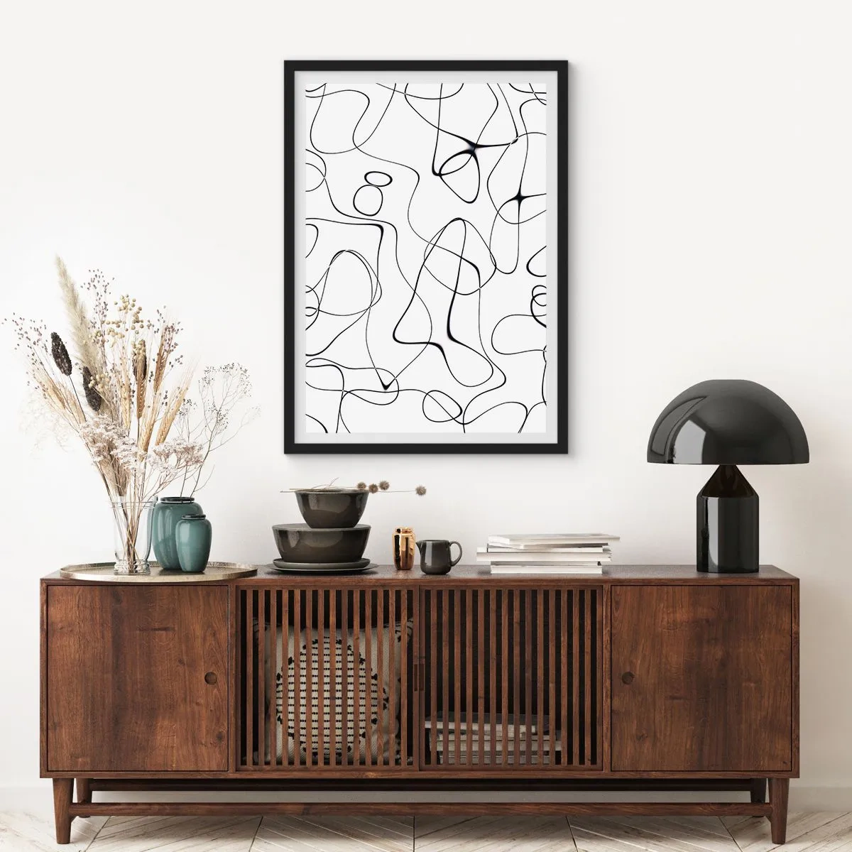 Plakat i sort ramme - Abstrakte sorte linjer på en hvid baggrund - 50x70cm - Livets veje, skæbnens omskiftelser - Moderne vægdekoration til stue og soveværelse ARTTOR