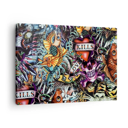 Lærredstryk - Billede på lærred - Farverigt tatoveringskunstværk med kranier og nautiske motiver - 70x50cm - En tatovørers drøm - Moderne vægdekoration til stue og soveværelse ARTTOR