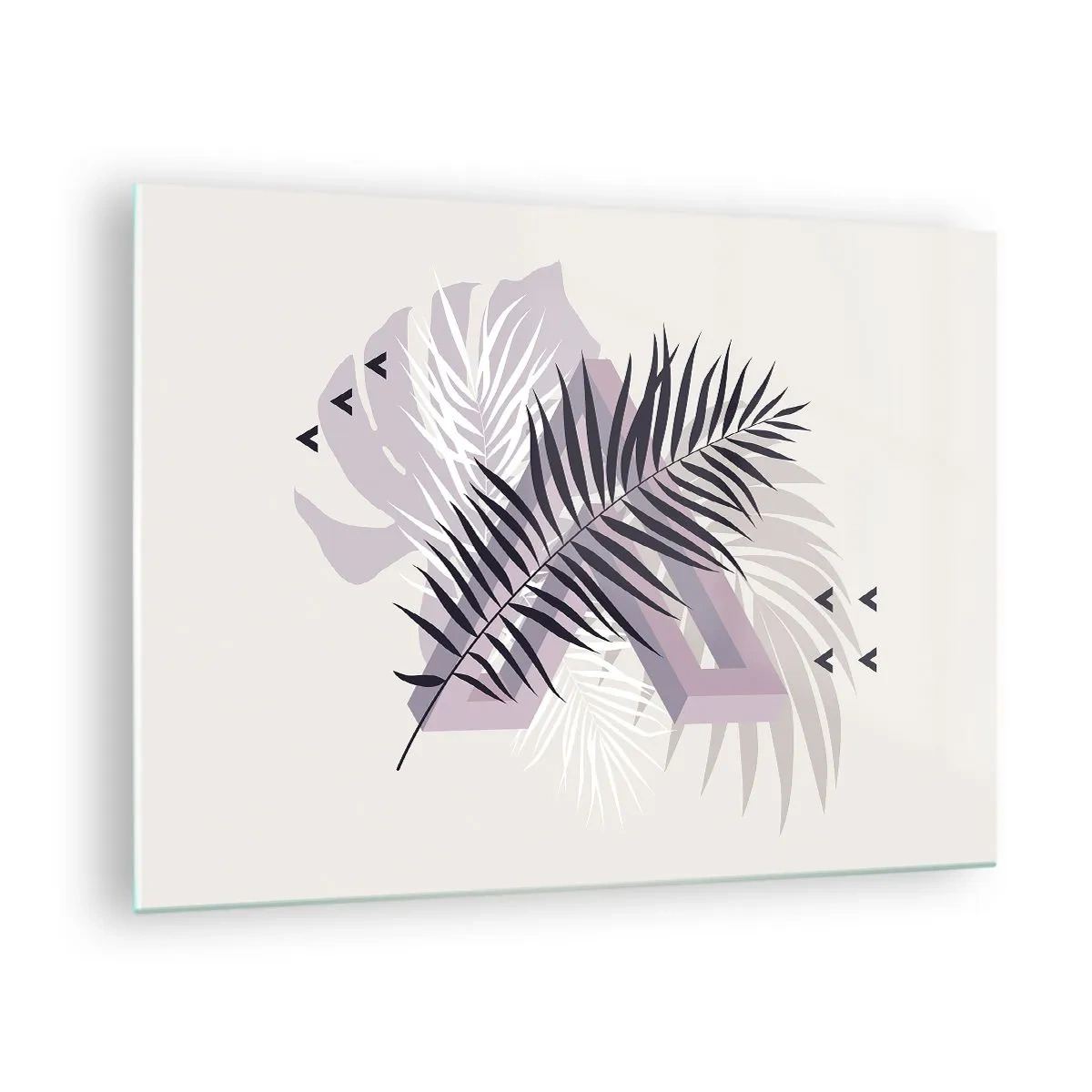 Billede på glas - En minimalistisk komposition med palmeblade og geometriske former. - 70x50cm - Skygge af en skygge - Moderne vægdekoration til stue og soveværelse ARTTOR
