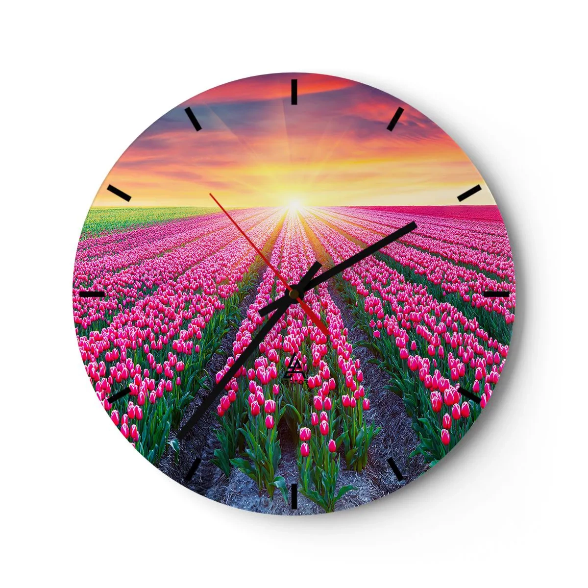 Vægur, Uret - Et felt af røde tulipaner ved solnedgang - 30x30cm - Skønhedsfarm - Moderne vægdekoration til stue, køkken og soveværelse ARTTOR
