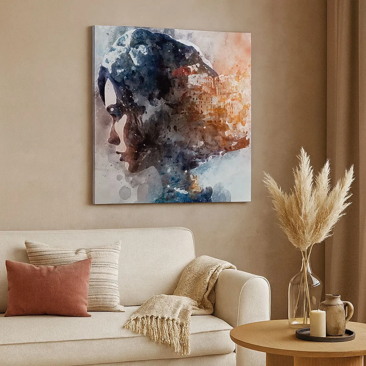 Lærredstryk - Billede på lærred - Historien om en pige med en by i baggrunden - 30x30 cm