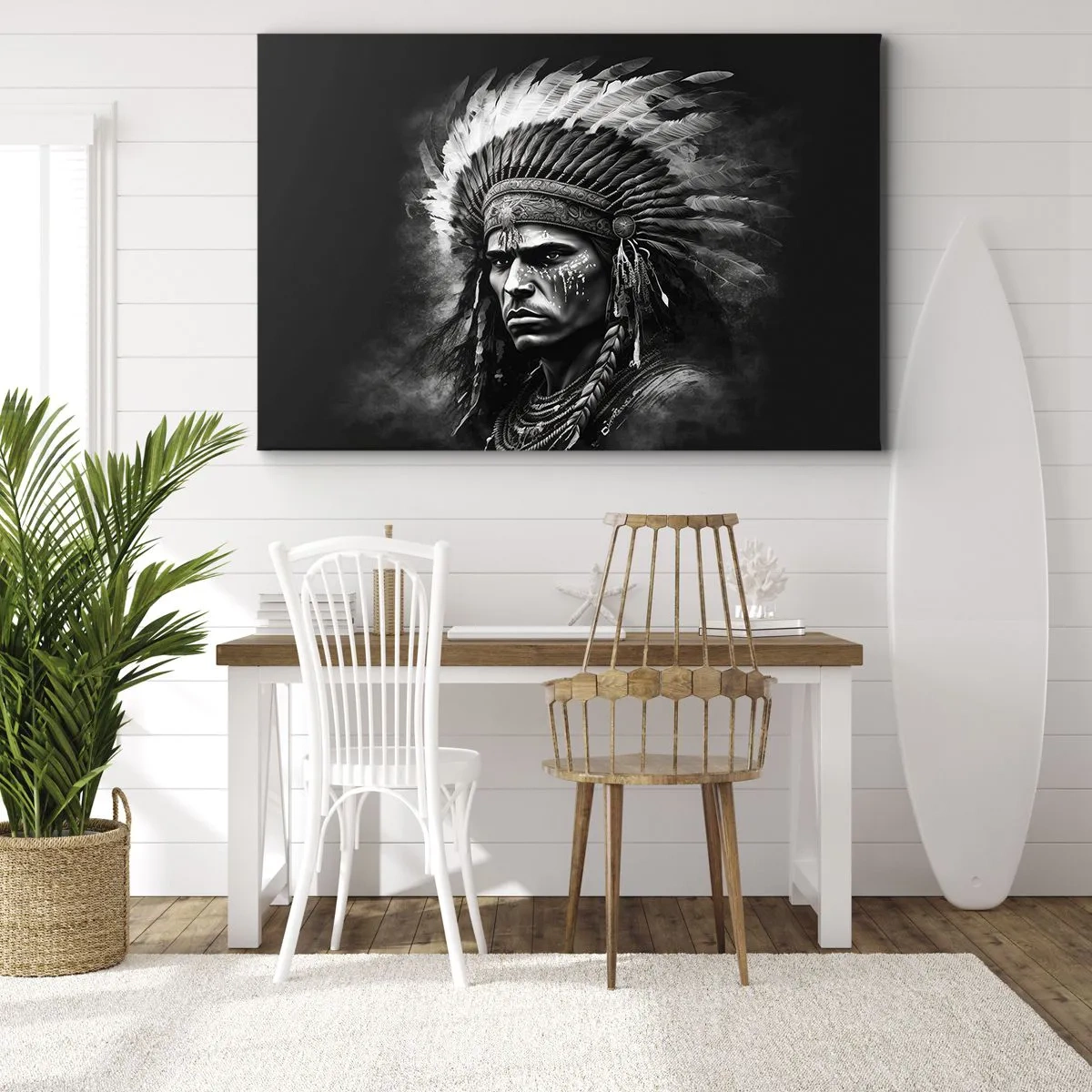 Lærredstryk - Billede på lærred - Portræt af en høvding i en fjerdragt mod en sort baggrund - 70x50cm - Leder og kriger - Moderne vægdekoration til stue og soveværelse ARTTOR