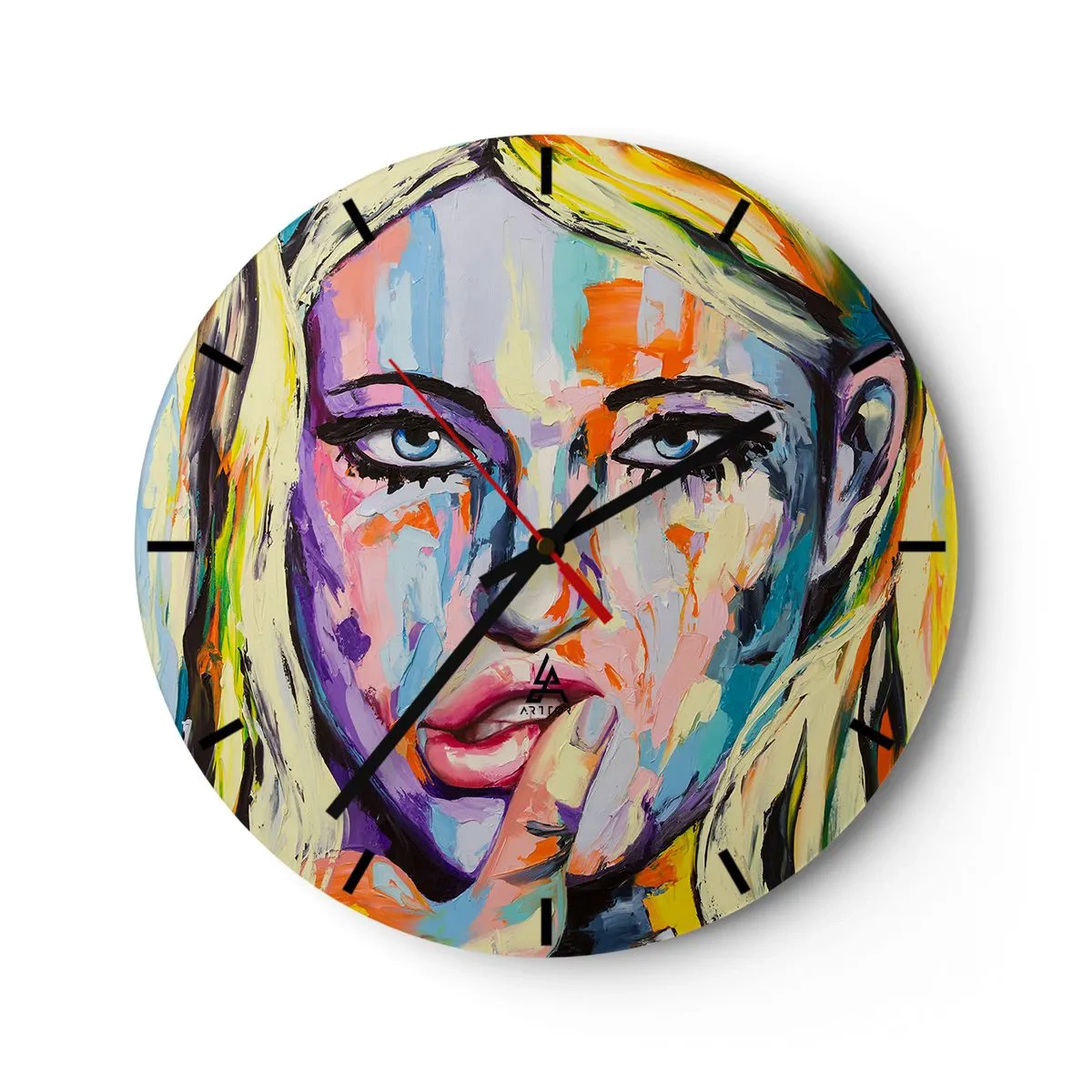 Vægur, Uret - Kunstnerisk portræt af en kvinde i farverige farver - 30x30cm - Se hende lige i øjnene - Moderne vægdekoration til stue, køkken og soveværelse ARTTOR
