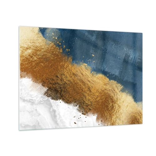 Billede på glas - Guldmalingsstrøg på en marineblå og hvid baggrund - 70x50cm - Sommerens farver - Moderne vægdekoration til stue og soveværelse ARTTOR