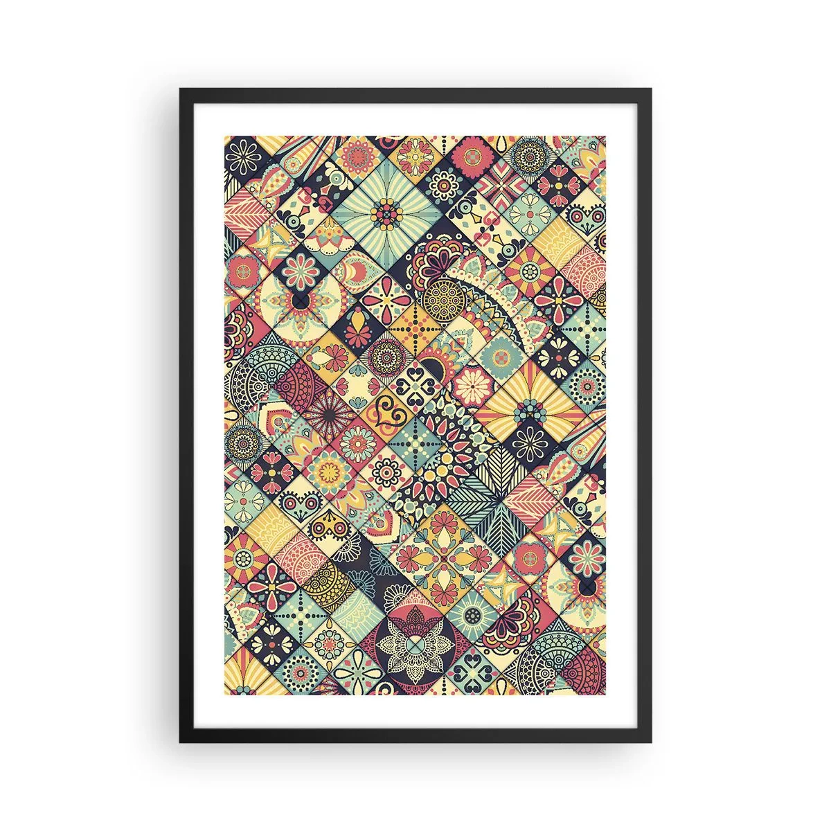 Plakat i sort ramme - Farverigt mosaikmønster - 50x70cm - Marokkansk stemning - Moderne vægdekoration til stue og soveværelse ARTTOR