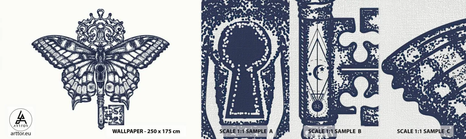 Prøve Fototapet Premium Canvas - Alle hjertets hemmeligheder - Abstraktion, Sommerfugl, Nøgle - 100x30 cm