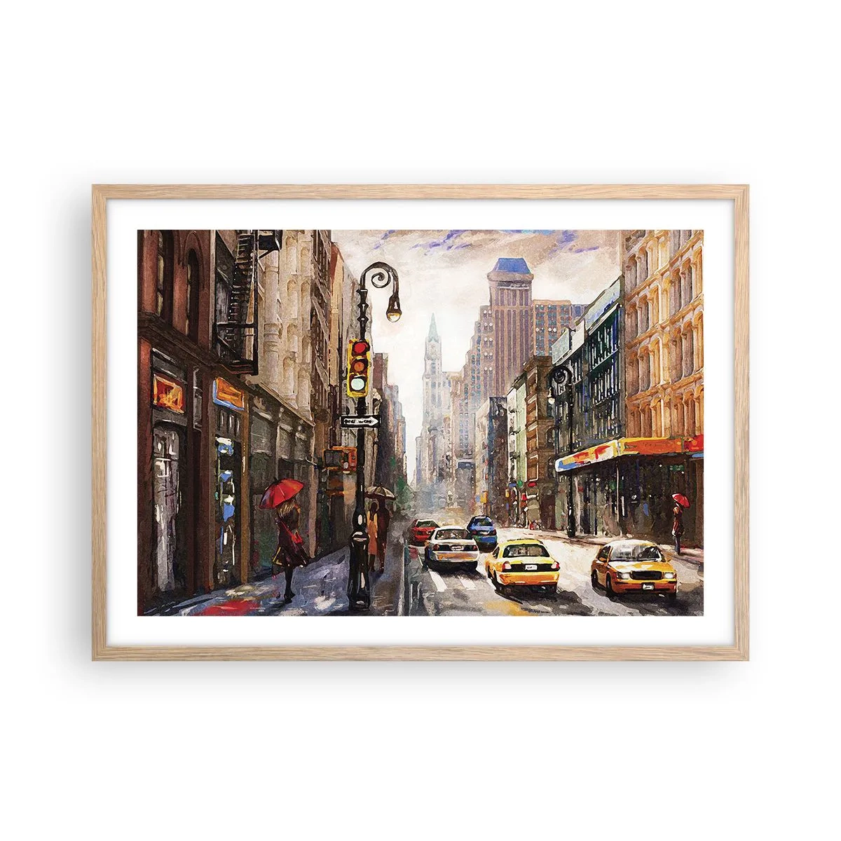 Plakat i ramme af lyst egetræ - New York - også farverig i regnvejr - 70x50 cm