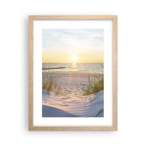 Plakat i ramme af lyst egetræ - Havet brummer, fuglene synger, en vild strand midt i græsset.... - 30x40 cm