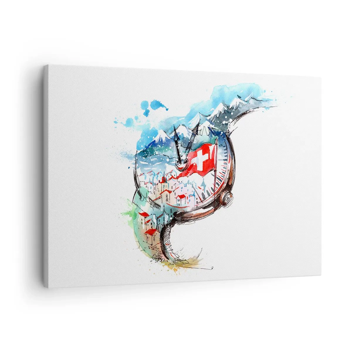 Lærredstryk - Billede på lærred - Et akvarellandskab af Schweiz i et urværksdesign - 70x50cm - Schweiz' ånd - Moderne vægdekoration til stue og soveværelse ARTTOR