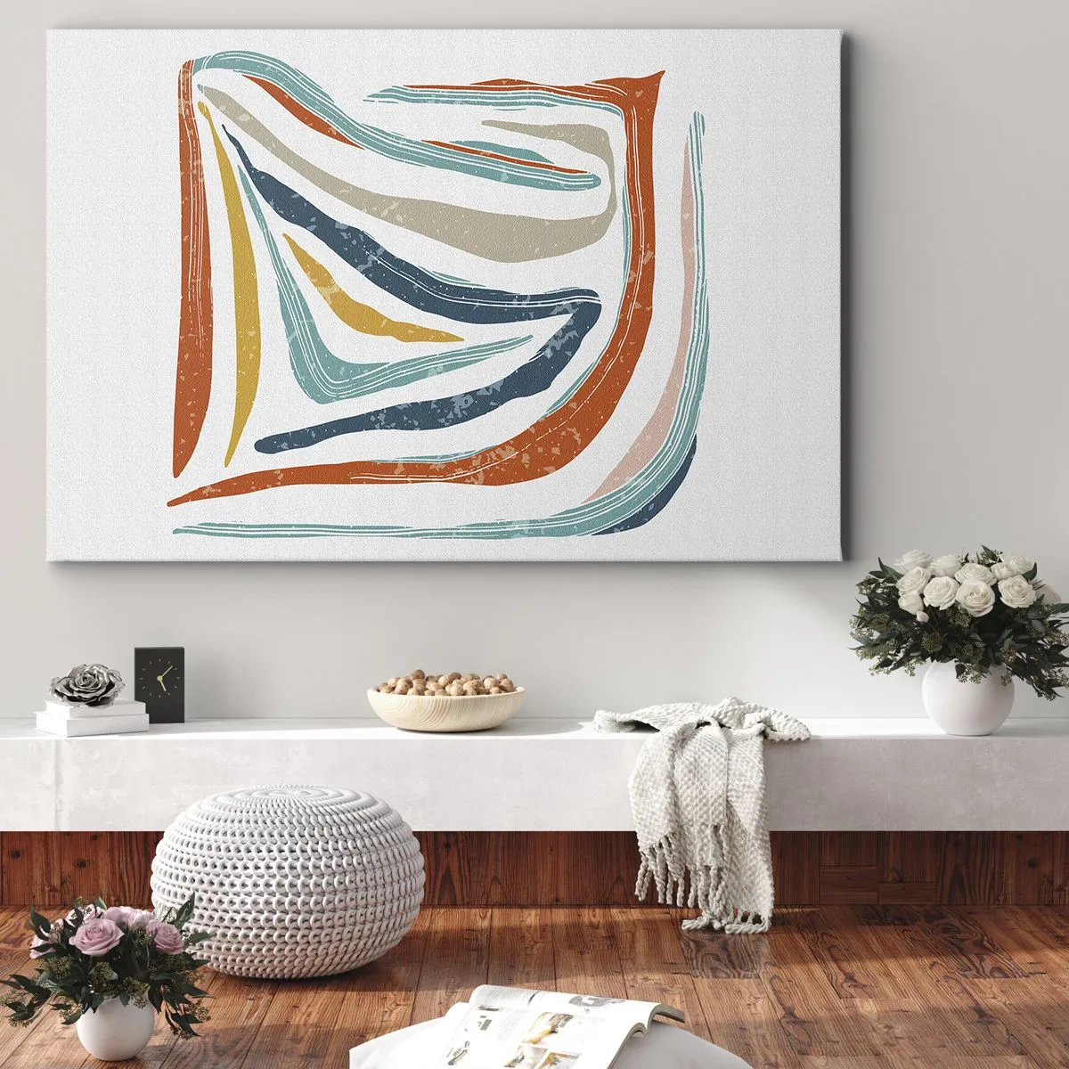 Lærredstryk - Billede på lærred - Farverige, dynamiske linjer i nuancer af blå, orange og beige - 70x50cm - Venligt smilende abstraktion - Moderne vægdekoration til stue og soveværelse ARTTOR