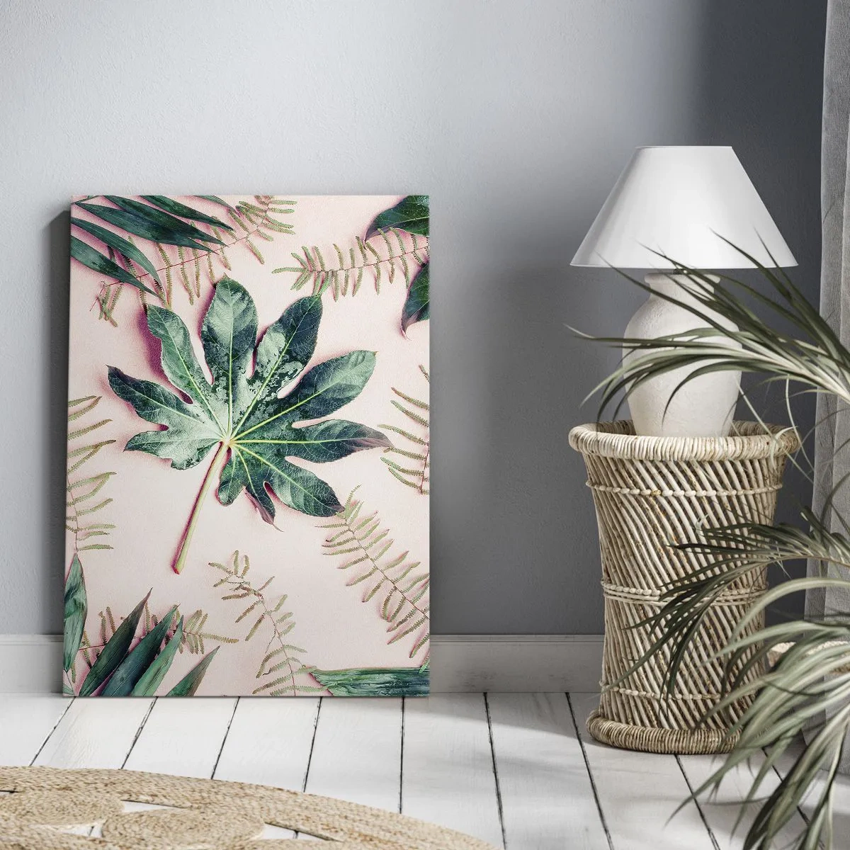 Lærredstryk - Billede på lærred - En undersøgelse af grønt på en lyserød baggrund - 55x100 cm