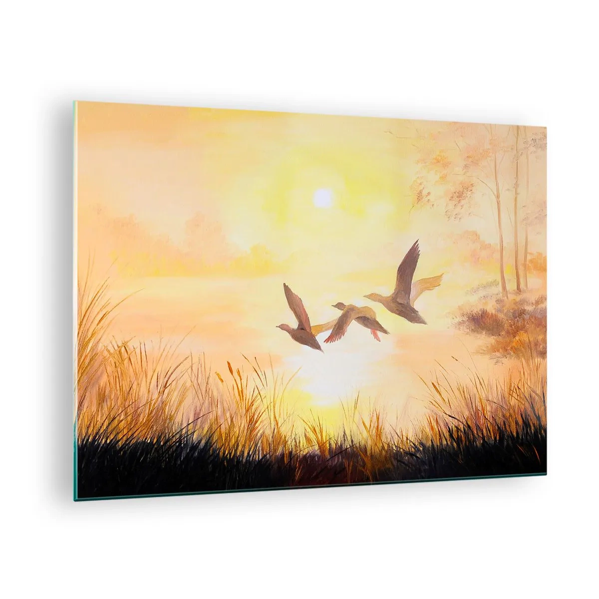 Billede på glas - Tre ænder flyver over en sø ved solopgang - 70x50cm - Starten på en lang rejse - Moderne vægdekoration til stue og soveværelse ARTTOR