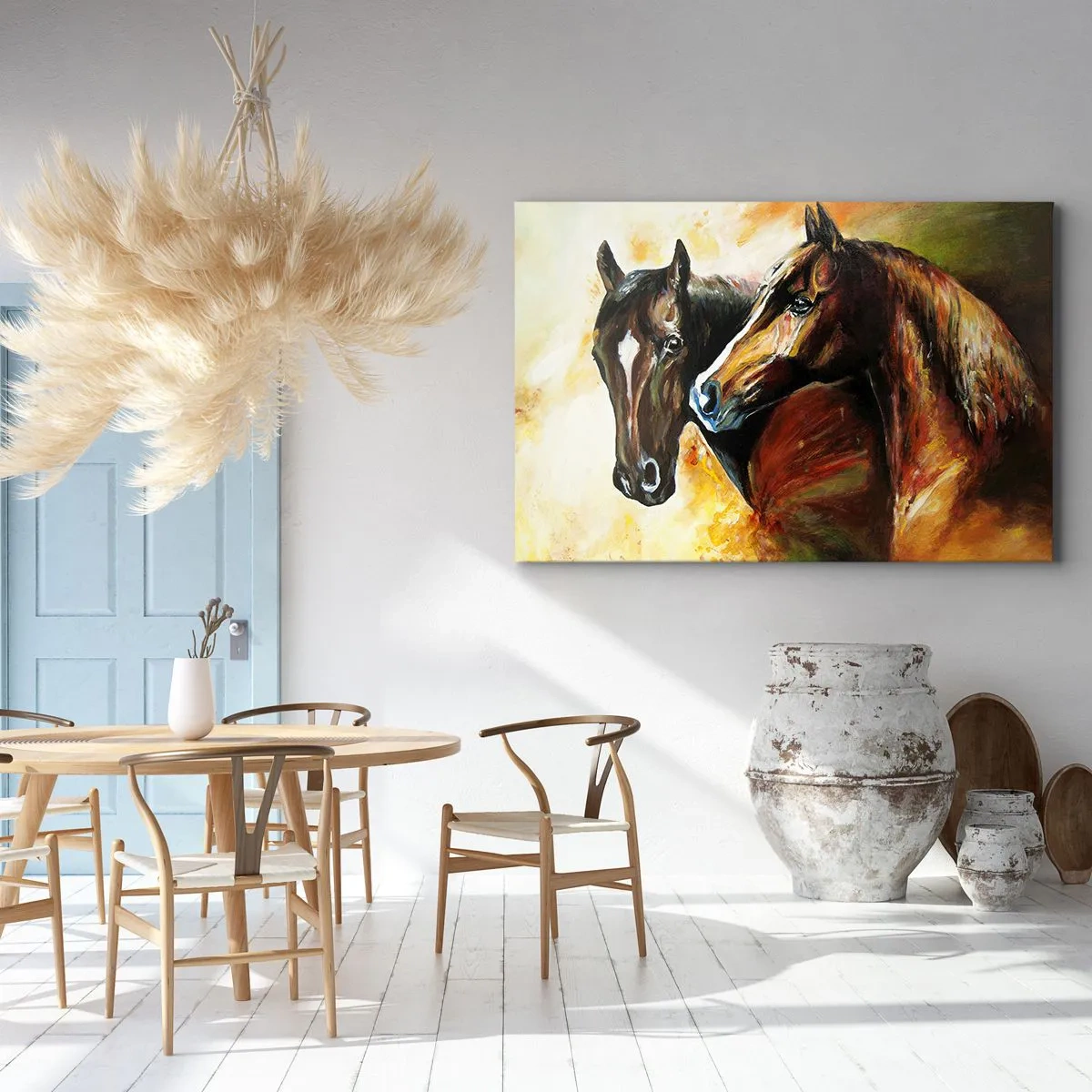 Lærredstryk - Billede på lærred - Et par heste i en billedlig komposition - 70x50cm - Dobbelt så charmerende - Moderne vægdekoration til stue og soveværelse ARTTOR