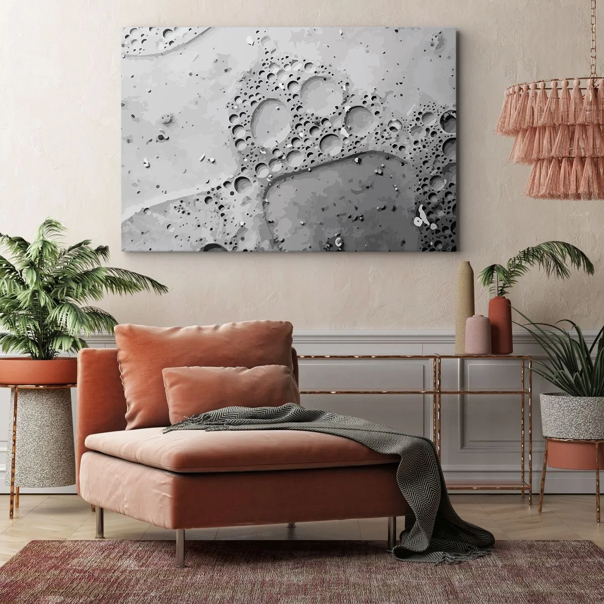 Lærredstryk - Billede på lærred - Sort og hvidt boblemønster i minimalistisk stil - 70x50cm - Opskummet spor - Moderne vægdekoration til stue og soveværelse ARTTOR