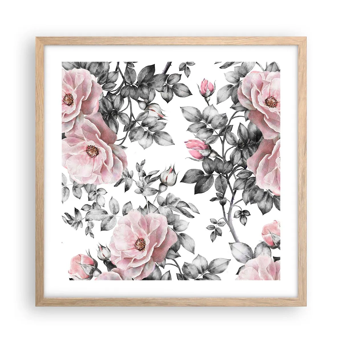 Plakat i ramme af lyst egetræ - Forsvind i rosenblomsterne - 50x50 cm