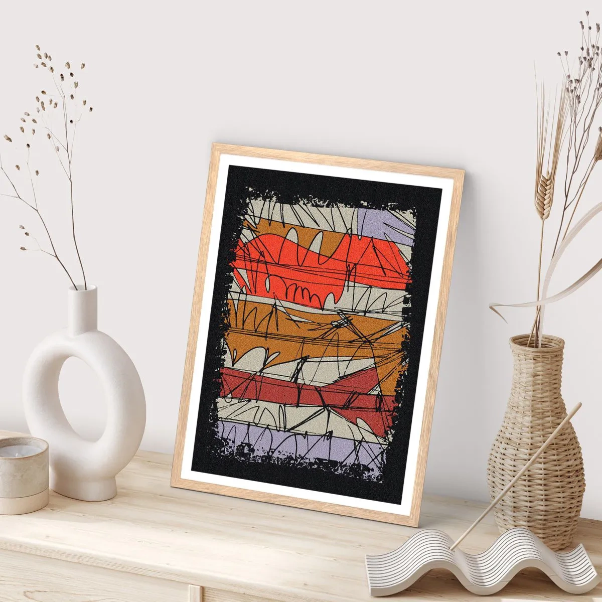 Plakat i ramme af lyst egetræ - Spontan komposition - 70x100 cm