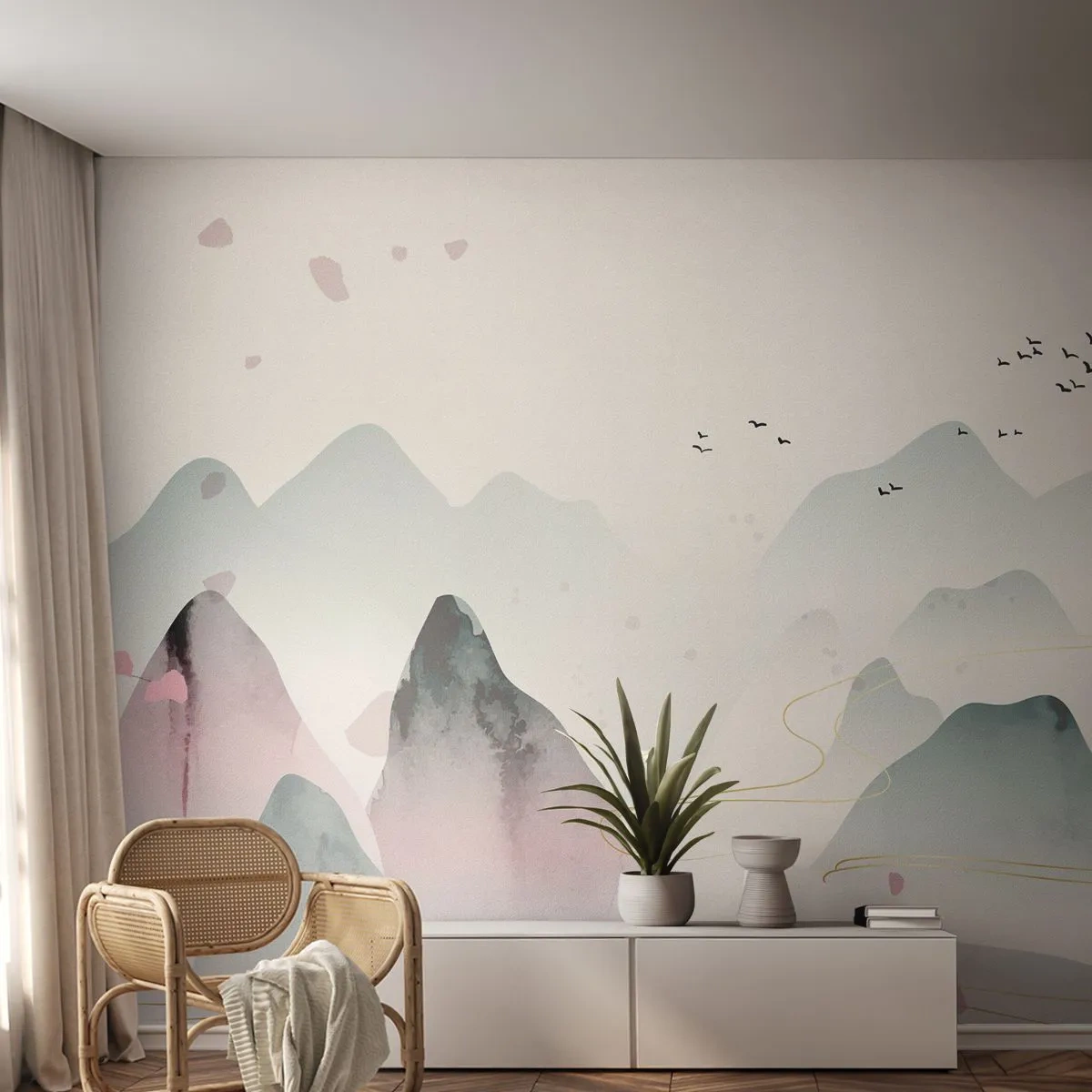 Fototapet Premium Sand - Over toppene - Landskab, Fugle, Bjerge - 100x70 cm