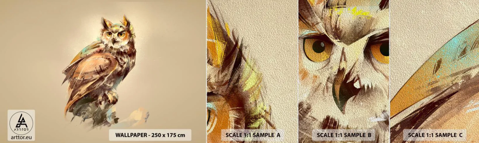 Prøve Fototapet Premium Sand - Den klogeste ugle - bekræfter egetræet - Ugle, Fugl, Abstraktion - 100x30 cm