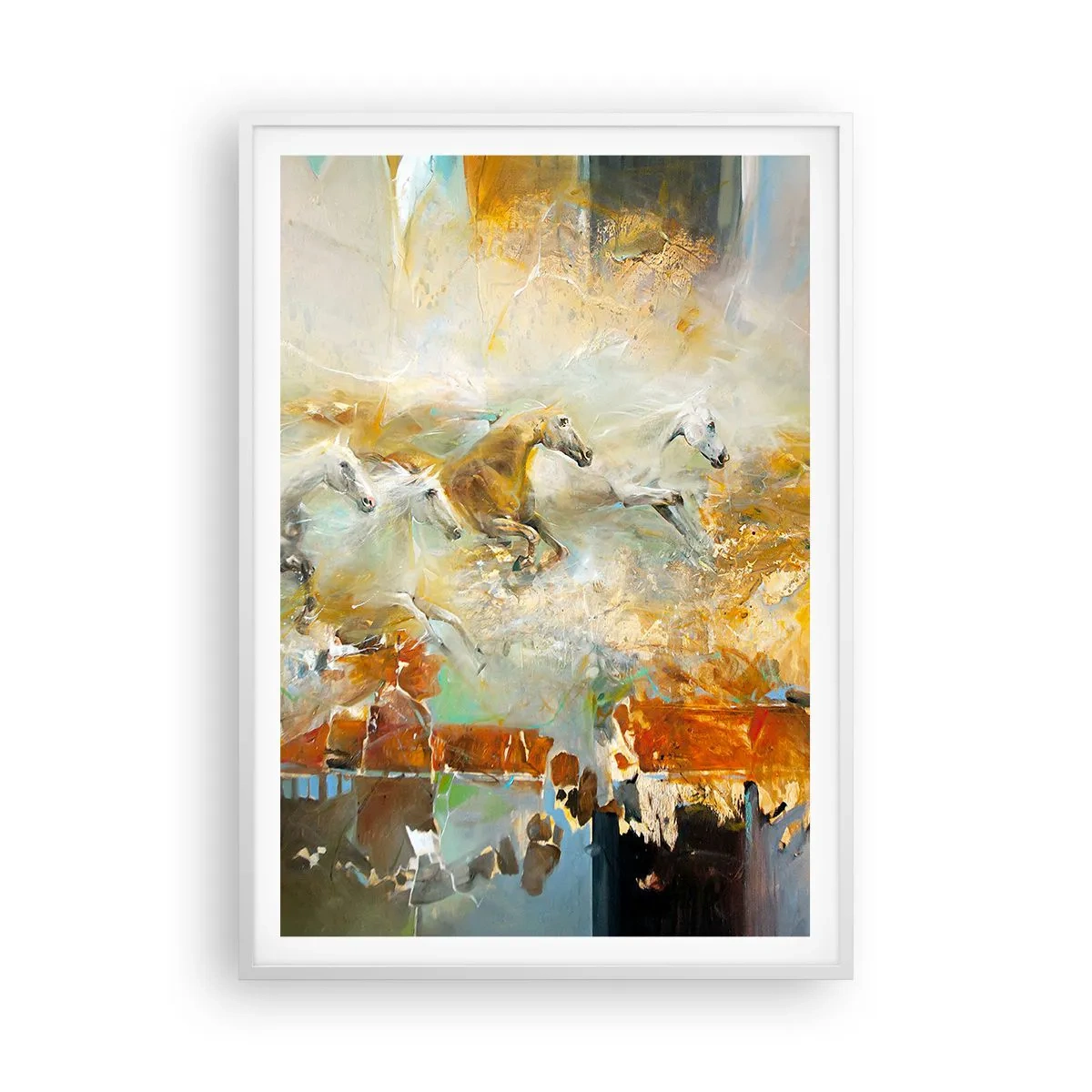 Plakat i hvid ramme - Galopperer gennem lyset - 70x100 cm