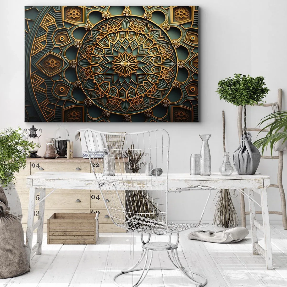 Lærredstryk - Billede på lærred - En gylden mandala på en turkis baggrund med flotte detaljer. - 70x50cm - I et arabisk klima - Moderne vægdekoration til stue og soveværelse ARTTOR