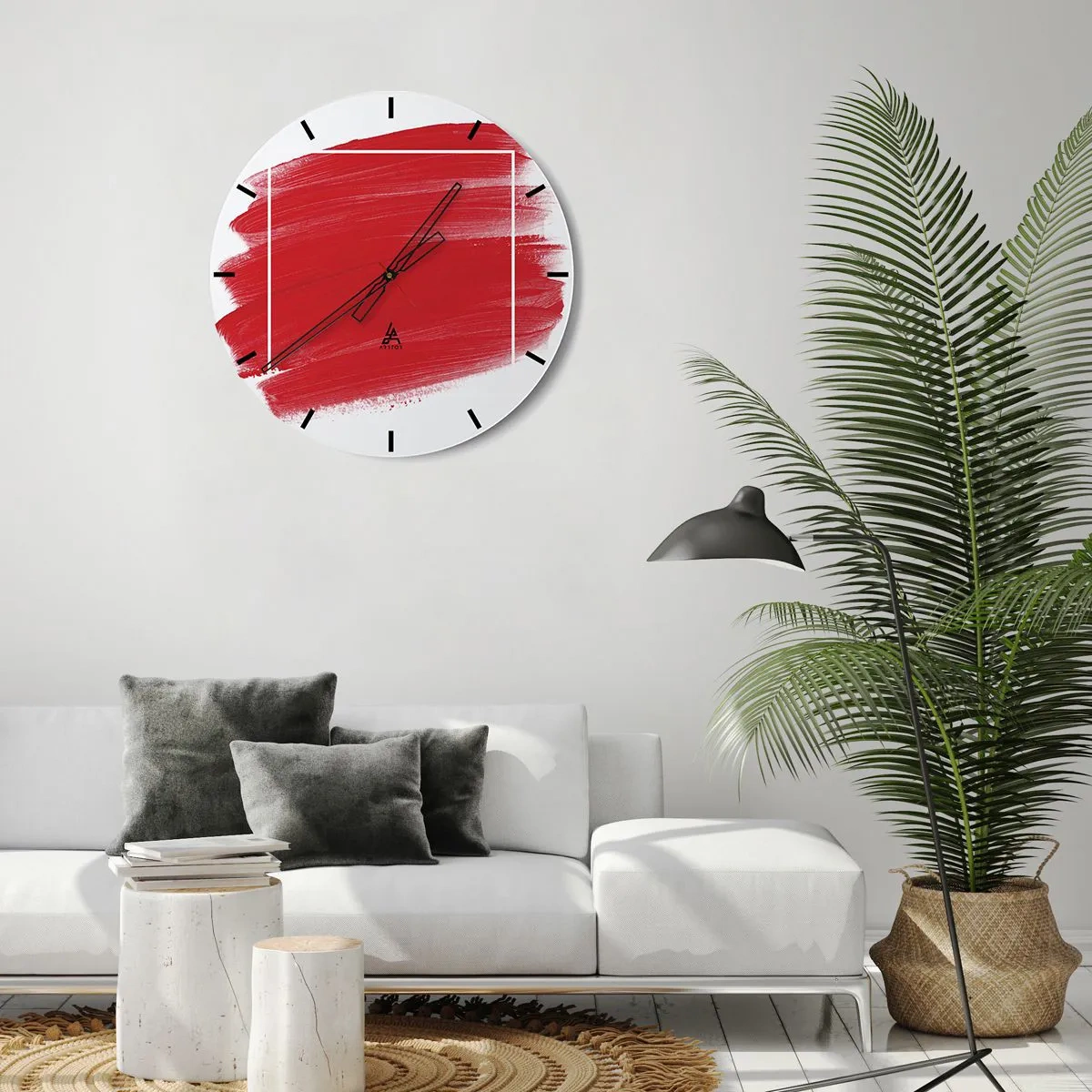 Vægur, Uret - Rød penselstrøg krydser en hvid kant - 30x30cm - Uden for rammen - Moderne vægdekoration til stue, køkken og soveværelse ARTTOR
