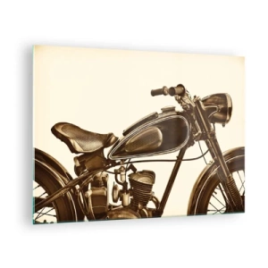 Billede på glas - Stilfuld retro motorcykel i sepia-toner på en lys baggrund - 70x50cm - Længsel efter klassikerne - Moderne vægdekoration til stue og soveværelse ARTTOR