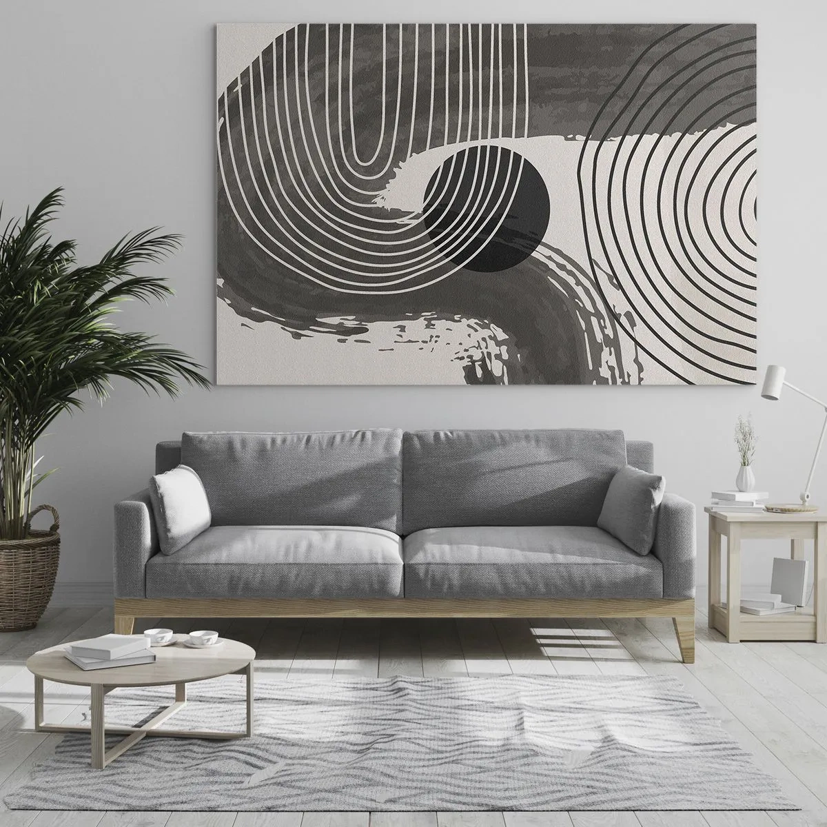 Billede på glas - Moderne abstraktion med sorte og hvide linjer og en oval - 70x50cm - Oval vinder - Moderne vægdekoration til stue og soveværelse ARTTOR