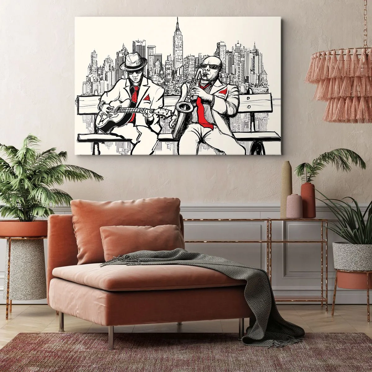 Lærredstryk - Billede på lærred - En jazzduo med saxofon og guitar med byen som baggrund - 70x50cm - New York improvisation - Moderne vægdekoration til stue og soveværelse ARTTOR
