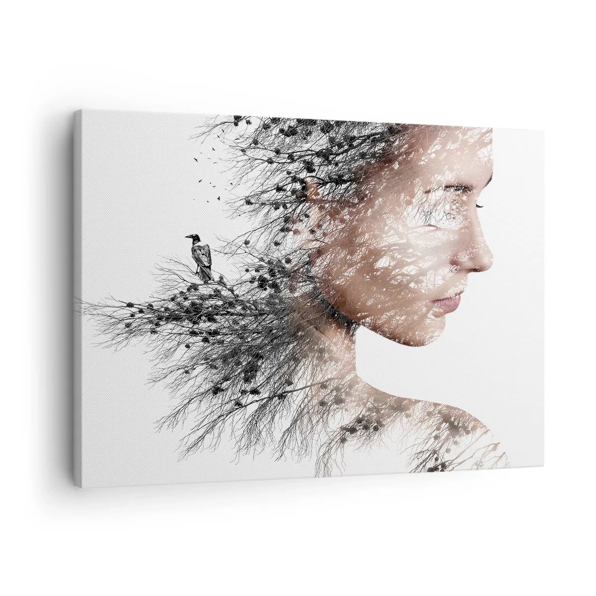 Lærredstryk - Billede på lærred - Silhuet af en kvinde med et gren- og fuglemotiv i baggrunden - 70x50cm - Skovens ånd - Moderne vægdekoration til stue og soveværelse ARTTOR