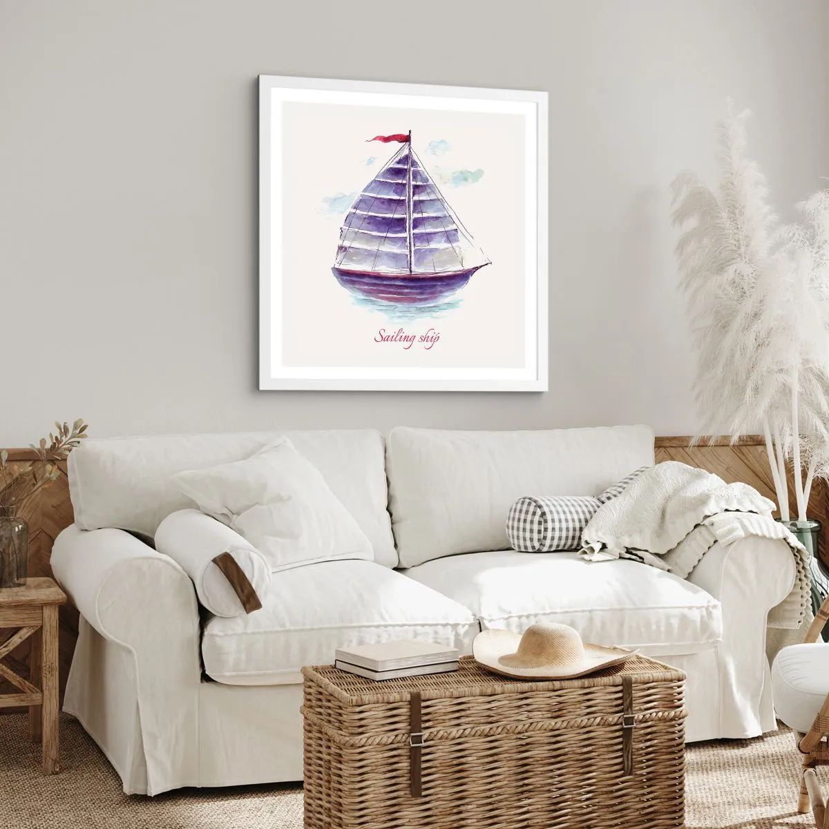 Plakat i hvid ramme - Fulde sejl og roligt vand - 40x40 cm