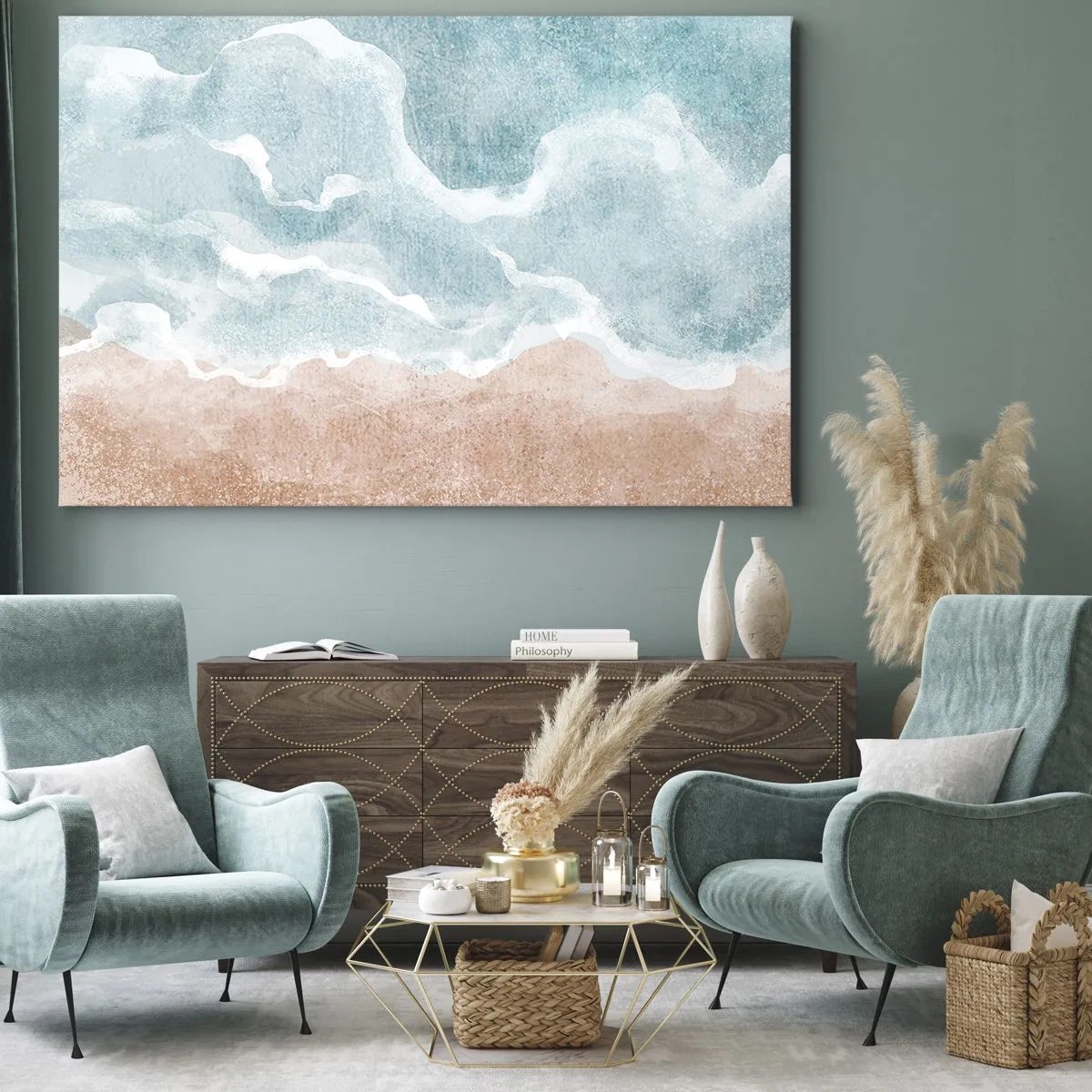 Lærredstryk - Billede på lærred - Abstrakt strand med bølger i nuancer af blå og beige - 70x50cm - Abstraktion af skyer - Moderne vægdekoration til stue og soveværelse ARTTOR