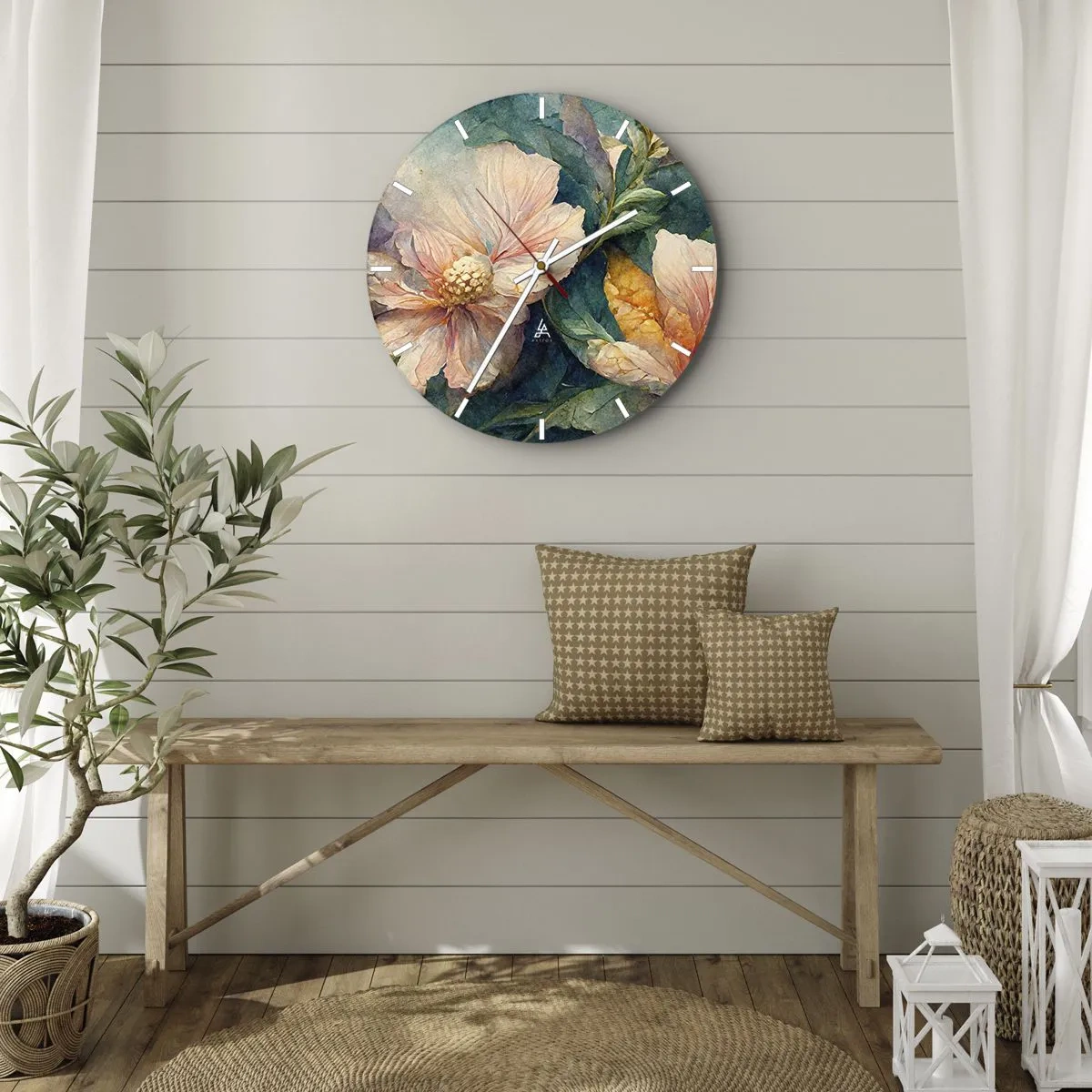 Vægur, Uret - Delikate blomster i pastelfarver med grønne blade - 30x30cm - Subtiliteten selv - Moderne vægdekoration til stue, køkken og soveværelse ARTTOR