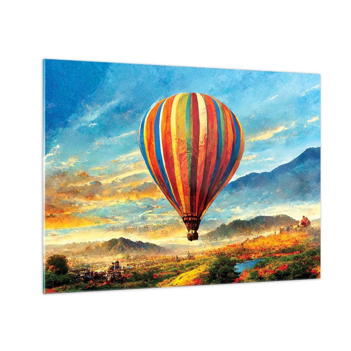 Billede på glas - En farverig ballon, der svæver over et bjerglandskab - 70x50cm - I stilhed kan du se mere - Moderne vægdekoration til stue og soveværelse ARTTOR