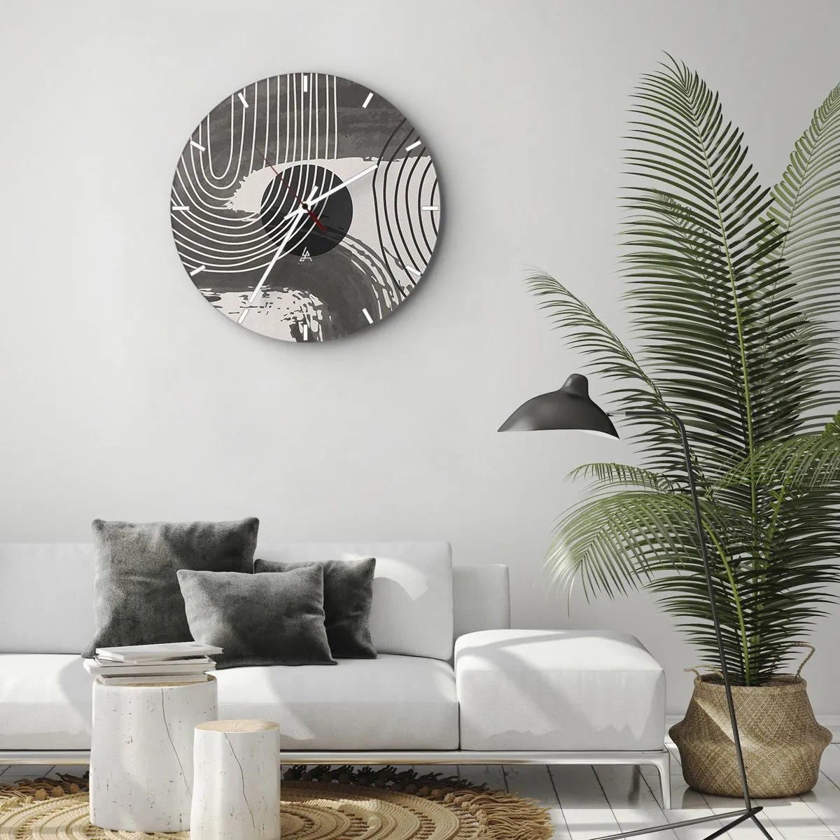 Vægur, Uret - Sorte og hvide linjer i en bølget rytme omgiver en sort cirkel - 30x30cm - Oval vinder - Moderne vægdekoration til stue, køkken og soveværelse ARTTOR