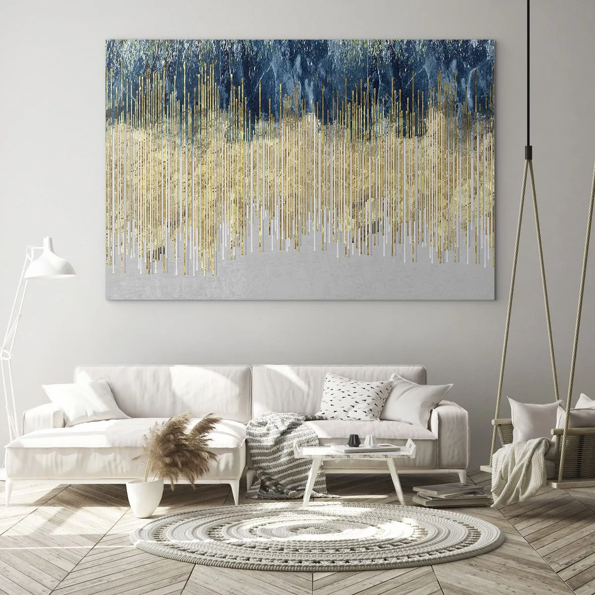 Billede på glas - Gyldne lodrette linjer mod en mørkeblå skovbaggrund - 70x50cm - Forgyldt grænse - Moderne vægdekoration til stue og soveværelse ARTTOR