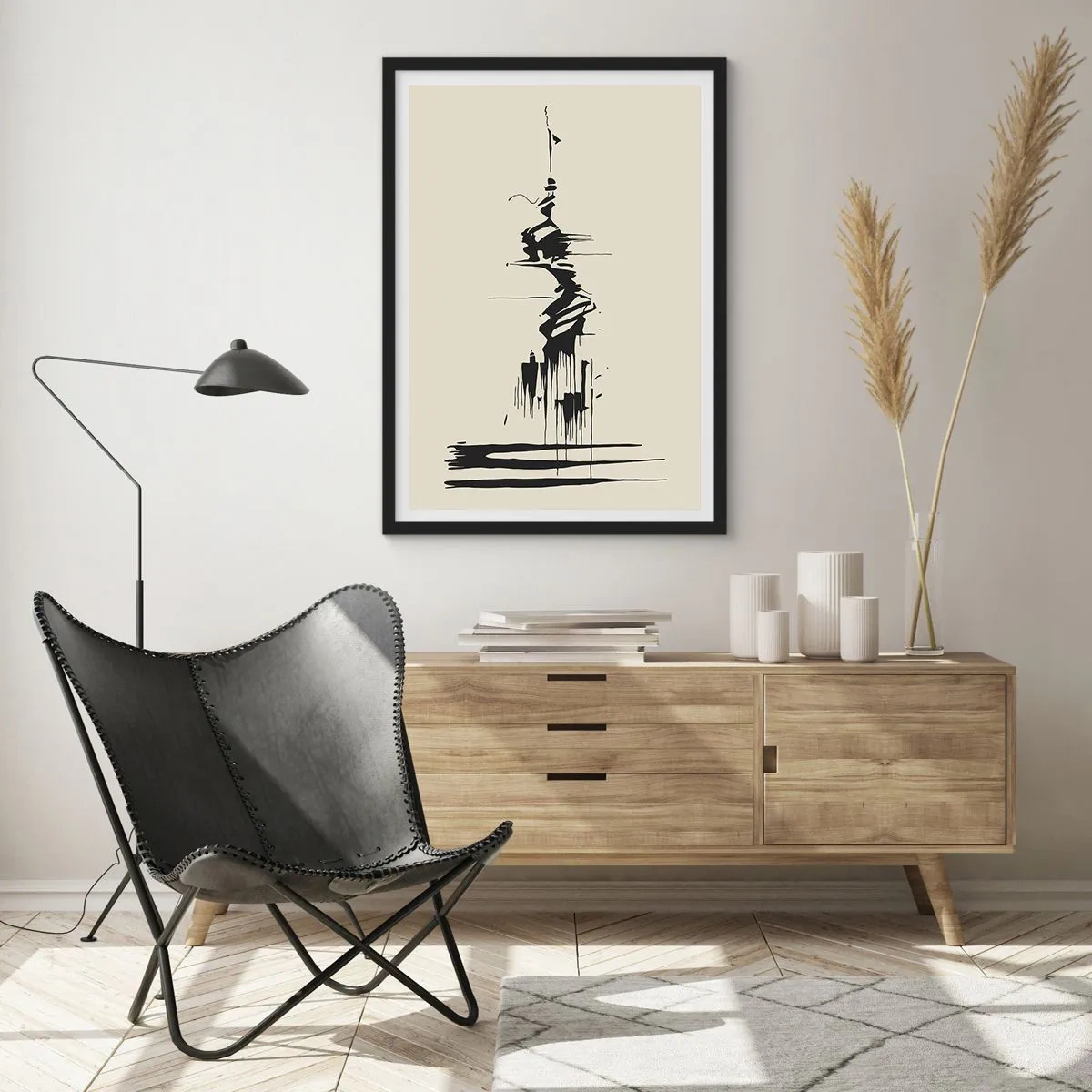 Plakat i sort ramme - En abstrakt tegning af en figur mod en bølget baggrund. - 50x70cm - Skyndsom abstraktion - Moderne vægdekoration til stue og soveværelse ARTTOR