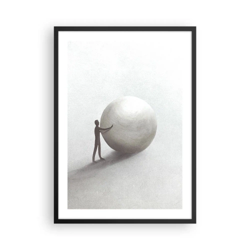 Plakat i sort ramme - En minimalistisk figur med en stor bold på en neutral baggrund. - 50x70cm - Livets spil - Moderne vægdekoration til stue og soveværelse ARTTOR