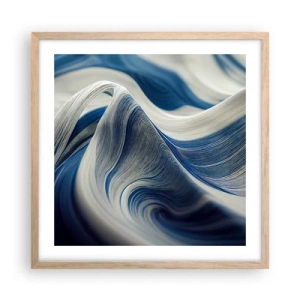 Plakat i ramme af lyst egetræ - Flydende blå og hvide farver - 50x50 cm
