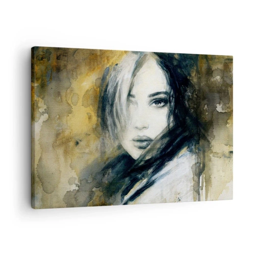 Lærredstryk - Billede på lærred - Portræt af en kvinde mod en baggrund af abstrakte pletter i beige nuancer - 70x50cm - mere uskyldig eller sensuel? - Moderne vægdekoration til stue og soveværelse ARTTOR
