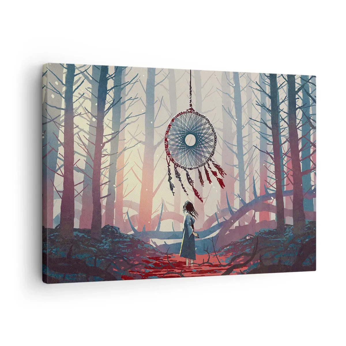 Lærredstryk - Billede på lærred - Skovscene med en kæmpe drømmefanger - 70x50cm - Det hemmelige ritual for lykke - Moderne vægdekoration til stue og soveværelse ARTTOR