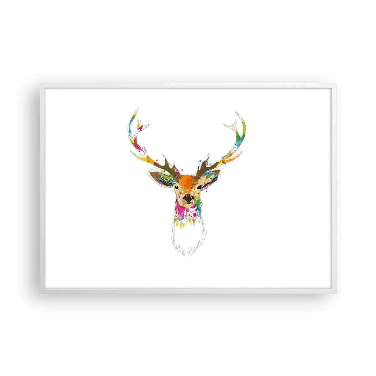 Plakat i hvid ramme - Blid kronhjort badet i farver - 100x70 cm
